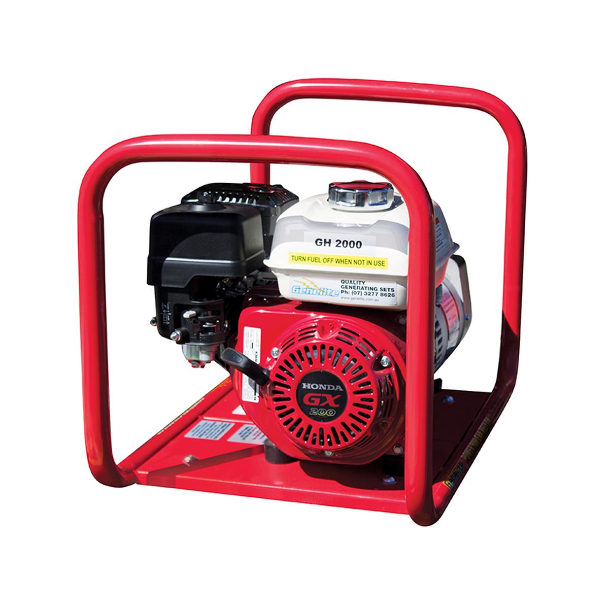 Front left view of the Genelite GH2000 generator showing the Honda GX160 engine