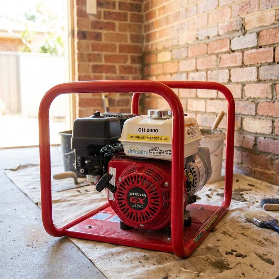 Genelite GH2000 2.5kVA generator on a residential renovation site with exposed brick and hand tools