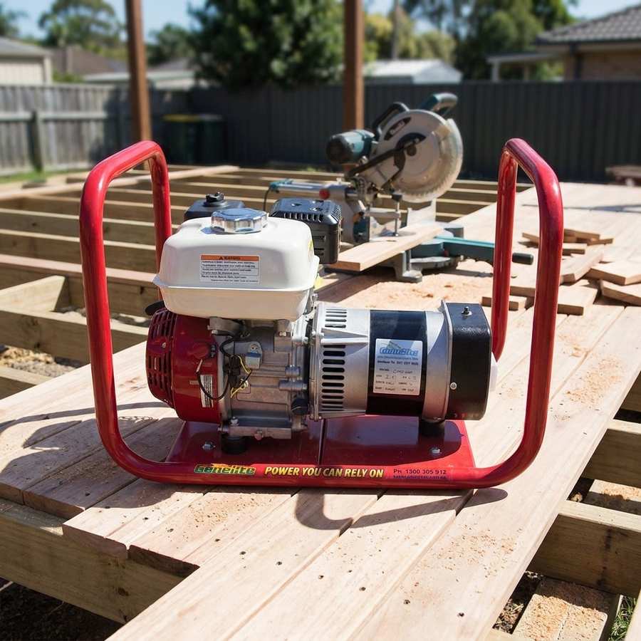 Genelite GH2700 3.3kVA generator on a backyard deck build with raw timber and a mitre saw