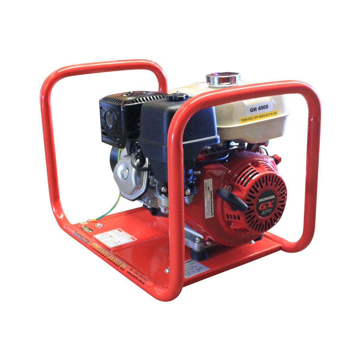 Front-left angle view of the Genelite GH4000-AVR generator showing the Honda GX270 engine