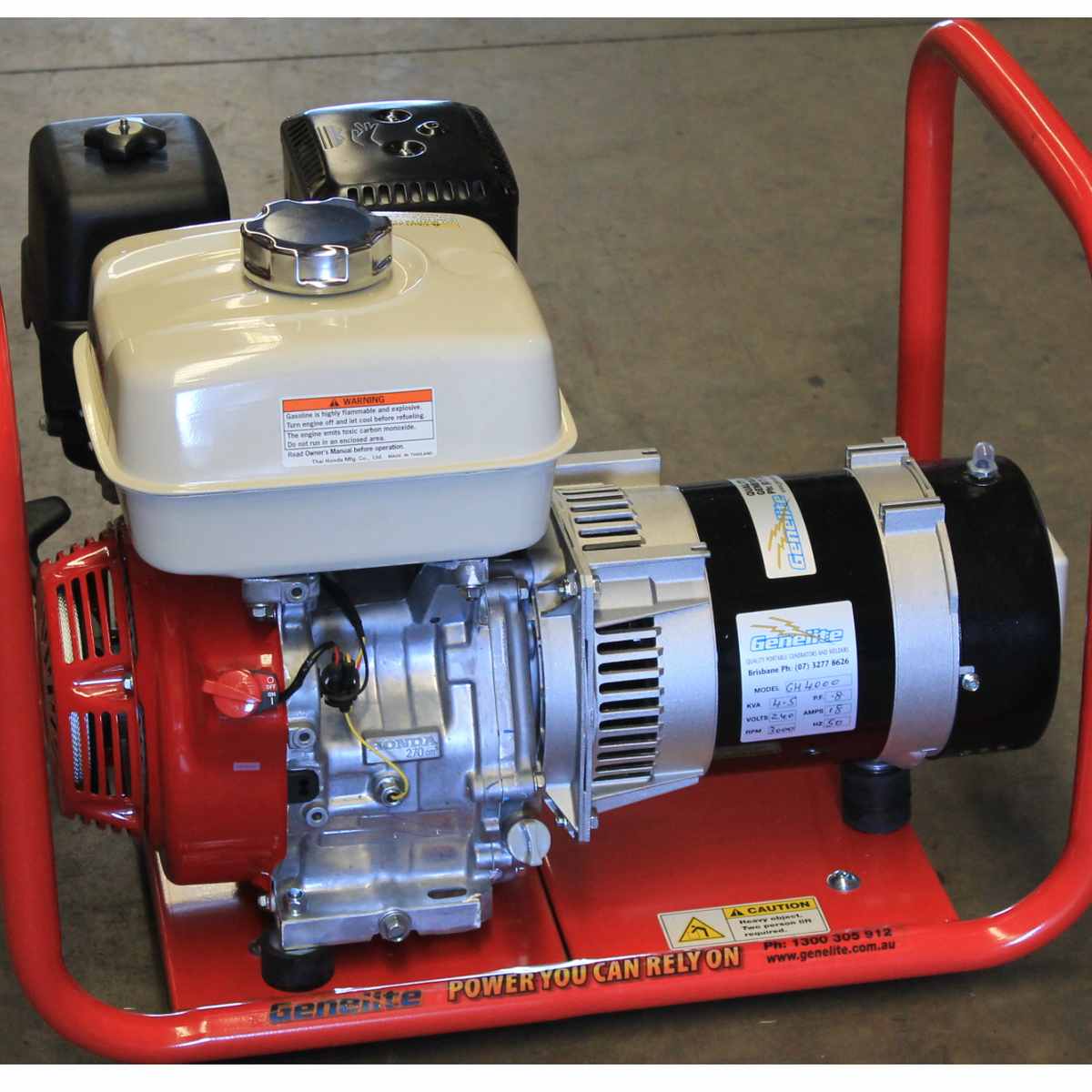Detail view of the Genelite GH4000-AVR alternator and engine data plate