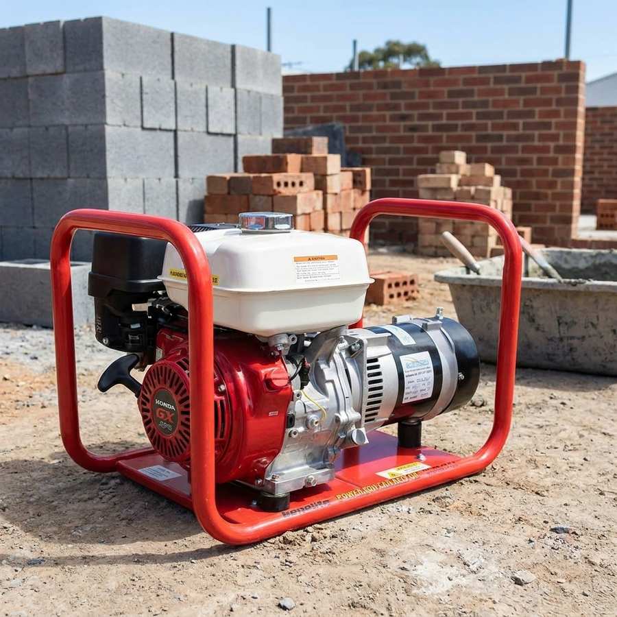 Genelite GH4000 4.5kVA generator on a brick and blockwork trade site with besser blocks and brick stacks