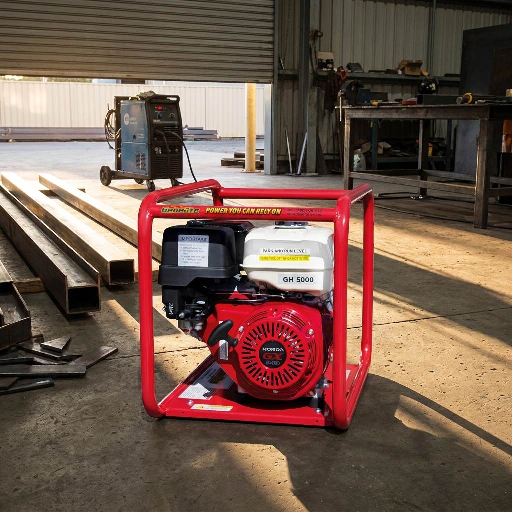 Genelite GH5000-AVR 6.0kVA generator on the concrete floor of a steel fabrication workshop with a welder cart and steel beams nearby