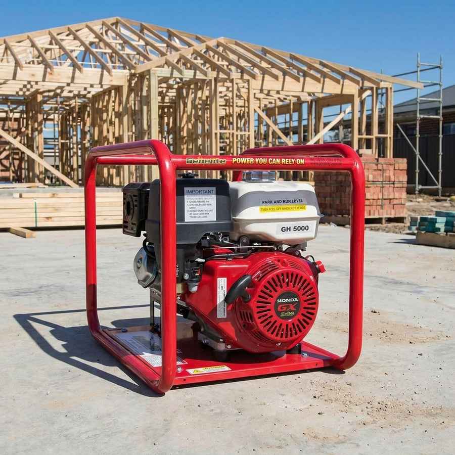 Genelite GH5000 6.0kVA generator on an Australian residential construction site with house frame and scaffolding
