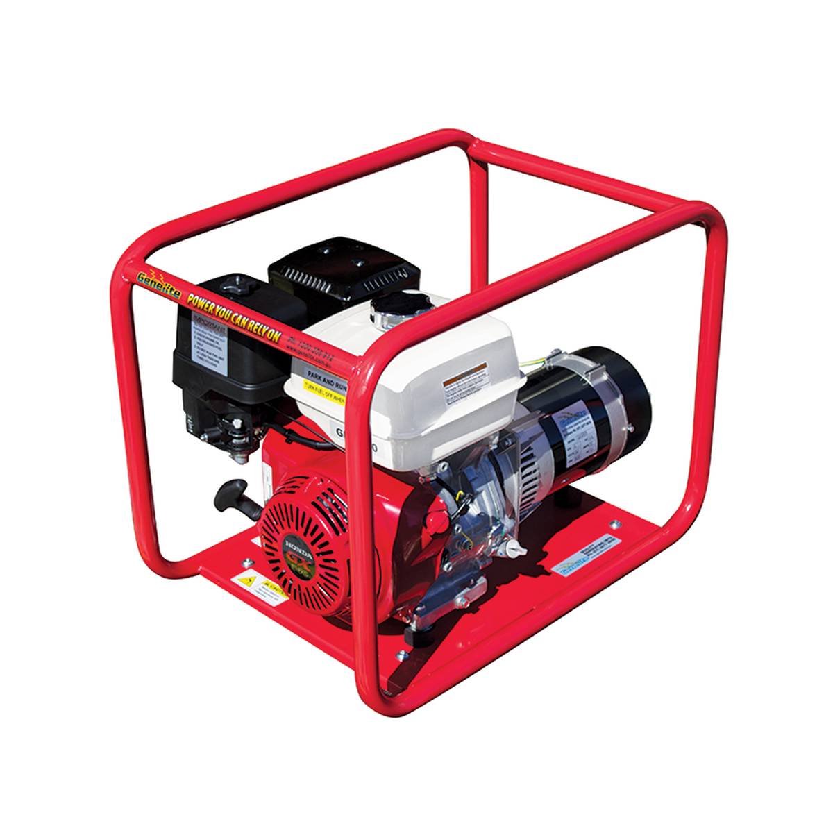 Alternate rear angle of the Genelite GH5000 recoil start generator showing the alternator and fuel tank