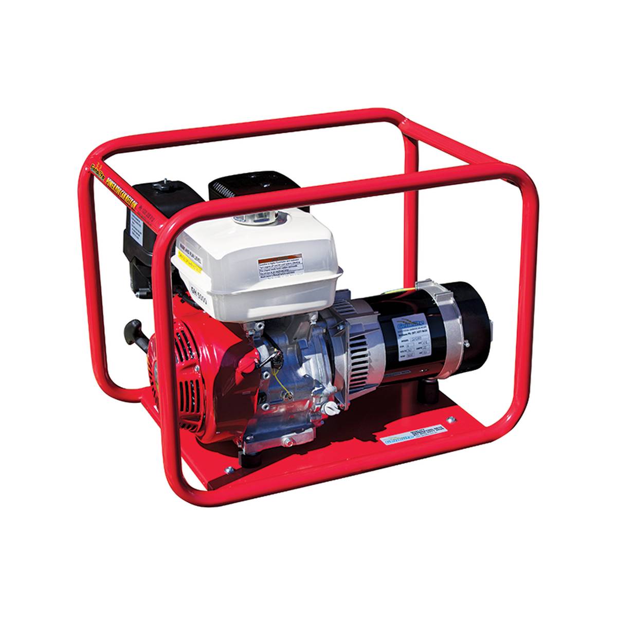 Rear three-quarter angle of the Genelite GH5000 recoil start generator showing the alternator and Honda GX340 engine