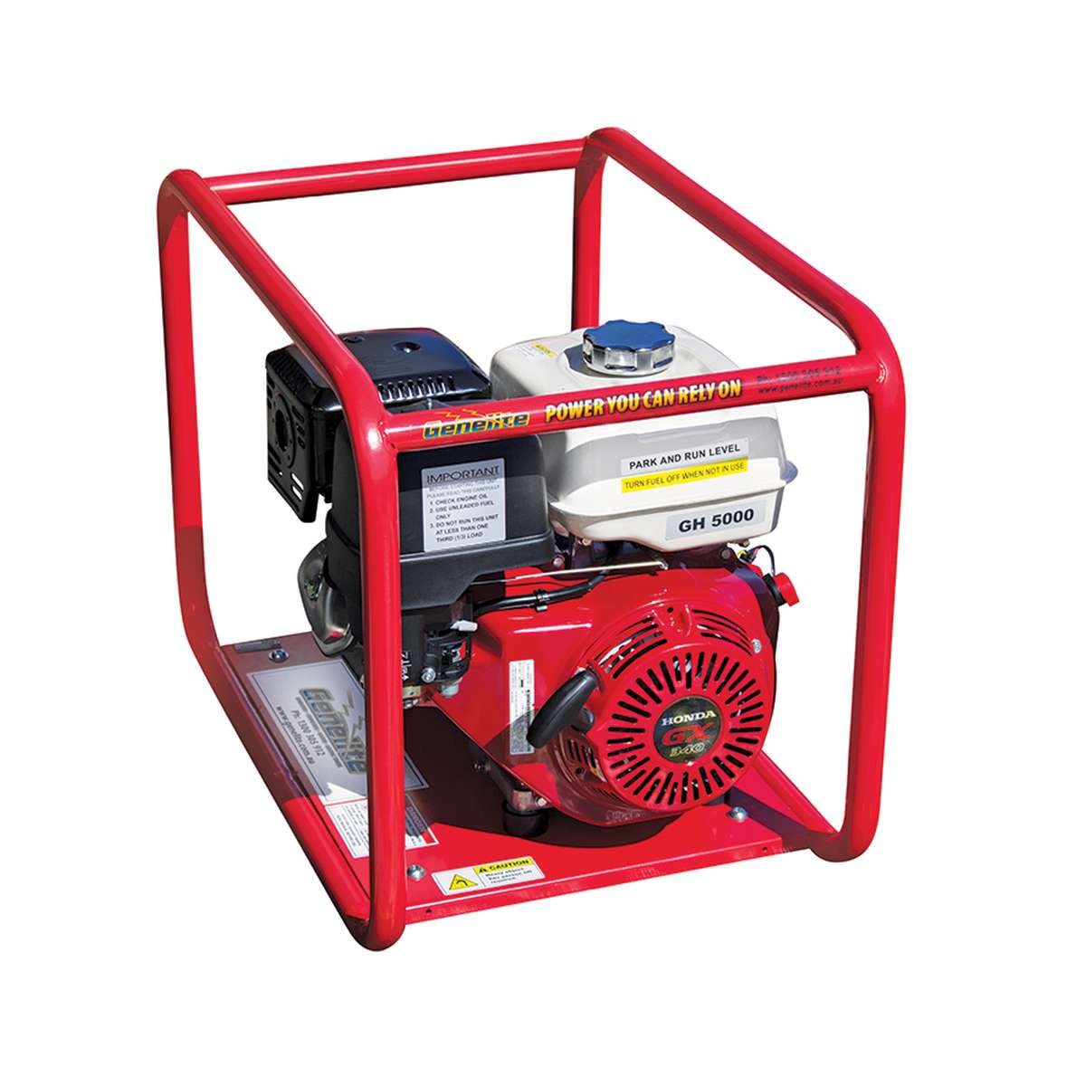 Three-quarter angle of the Genelite GH5000 generator showing the fuel tank and carry frame