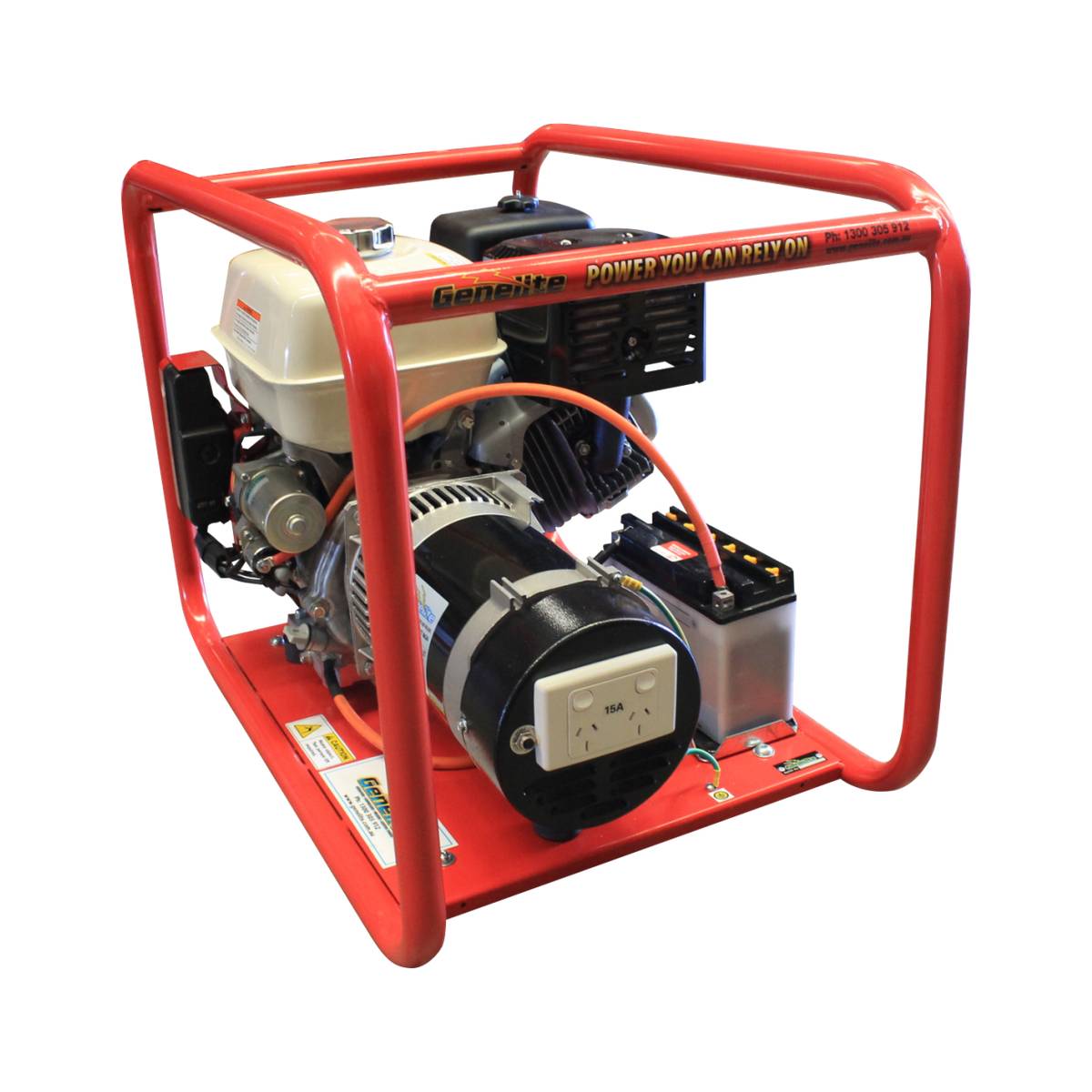 Genelite GH5000E electric start generator showing the outlet panel and starter battery