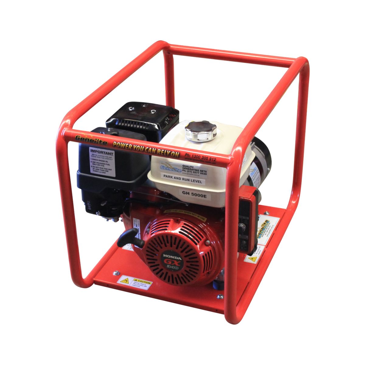 Genelite GH5000E-AVR electric start generator showing the starter motor and battery
