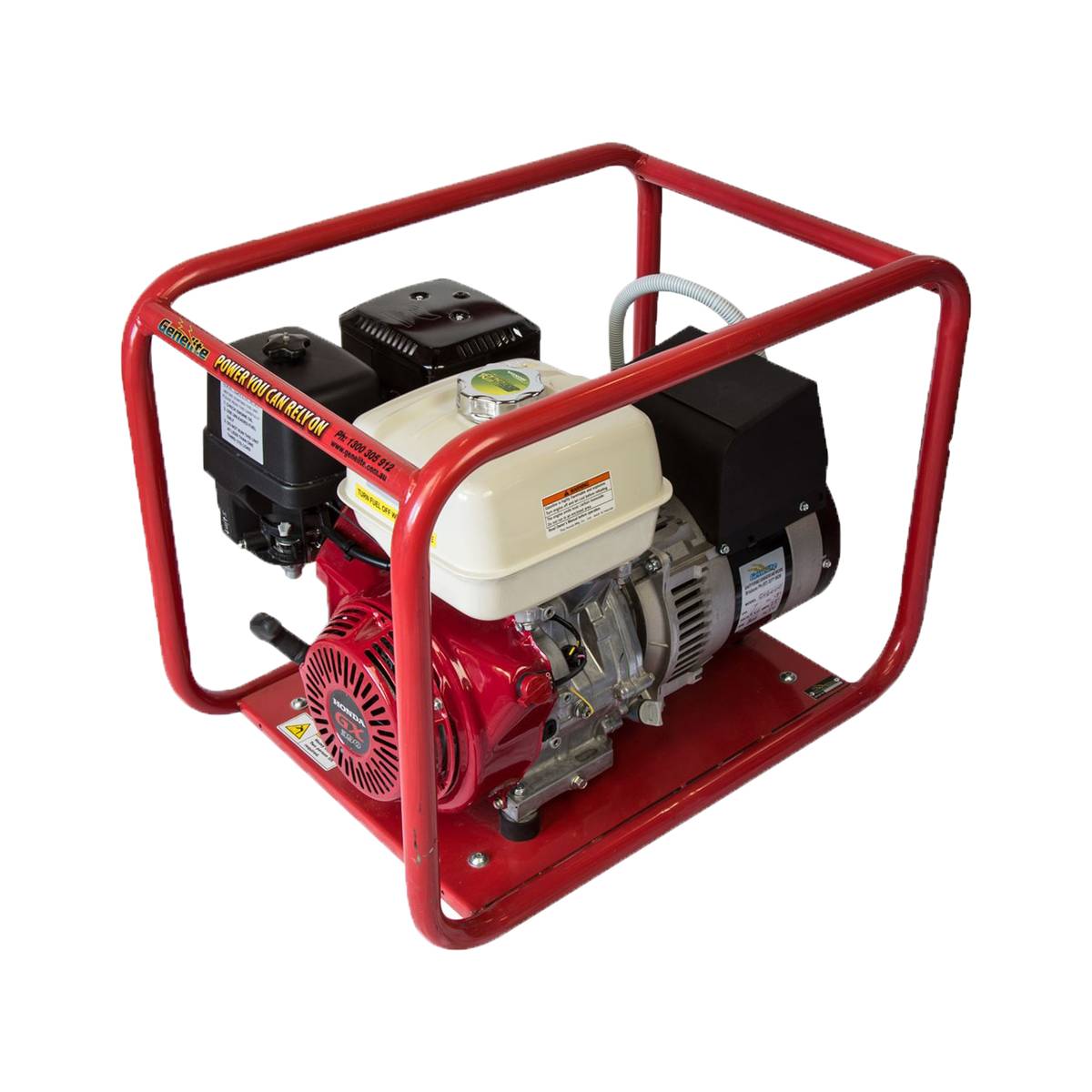 Front-right angle view of the Genelite GH6000-AVR generator showing the Honda GX390 engine