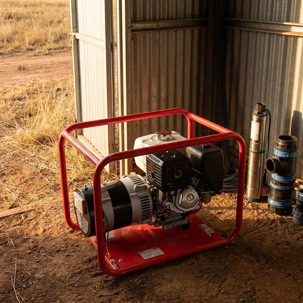 Genelite GH7000-AVR 8.0kVA generator outside a rural bore pump shed at golden hour