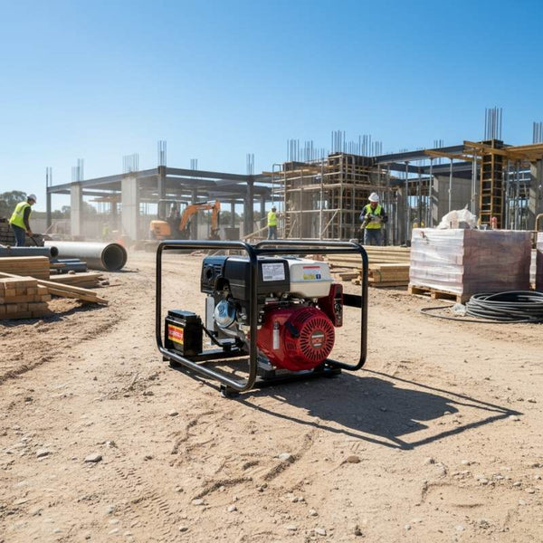 Gentech 8 kVA Honda powered generator with AVR and electric start EP8000HCREA in use on a jobsite.