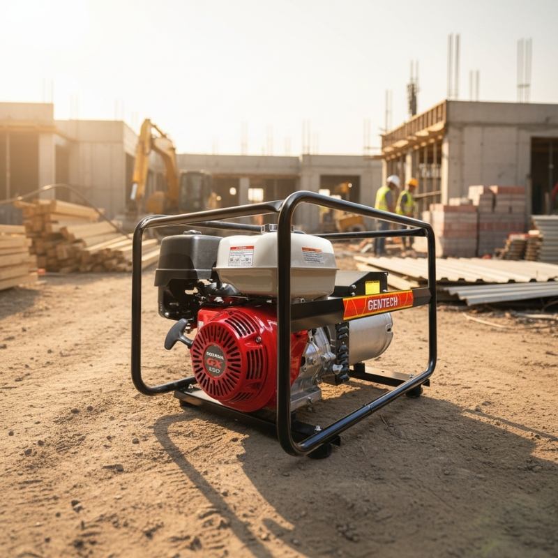 Gentech 8 kVA Honda powered generator with AVR EP8000HCRA running on a busy construction site under morning light.