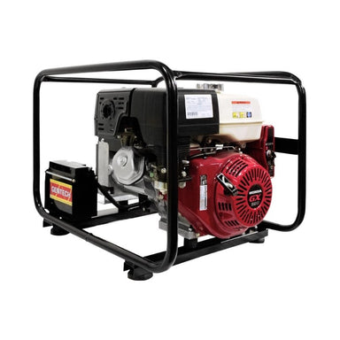 Gentech EP8000HCREA 8 kVA Honda generator with electric start and AVR close-up showing detailed frame and outlets.