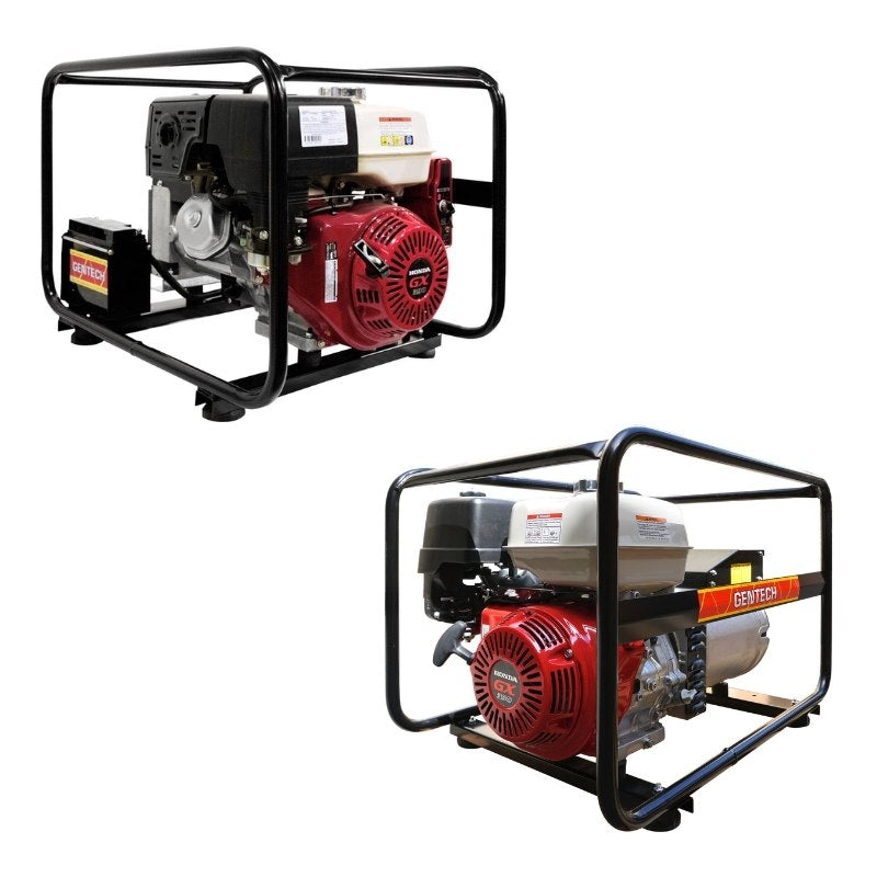 Gentech 8 kVA Honda powered generators EP8000HCRA and EP8000HCREA shown side by side highlighting recoil and electric start options.
