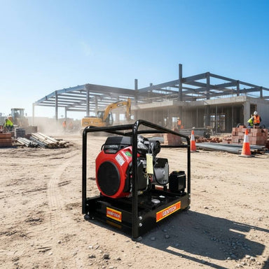 Gentech EP11000HSRE Honda powered generator with electric start operating on an active construction site, showing rugged frame and heavy-duty design.