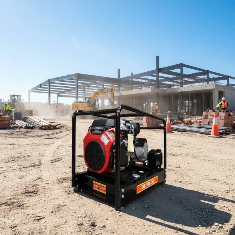 Gentech EP11000HSRE Honda powered generator with electric start operating on an active construction site, showing rugged frame and heavy-duty design.