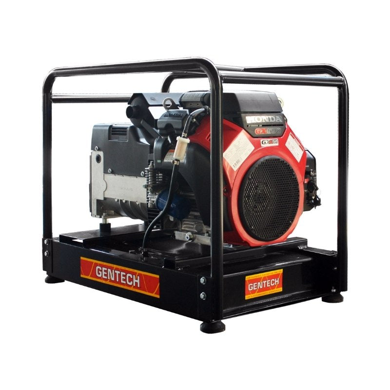 Gentech EP15000HSRE 15 kVA Honda generator close-up showing V-Twin GX690 engine and frame