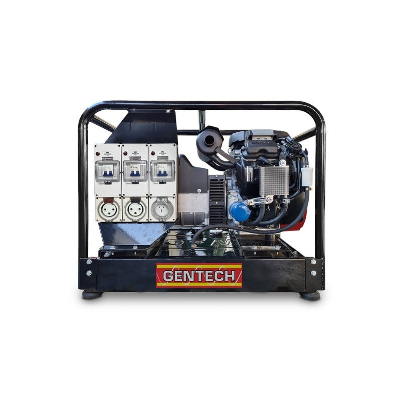 Gentech 20 kVA Honda EP20000HSRE generator front panel with multiple power outlets and circuit breakers