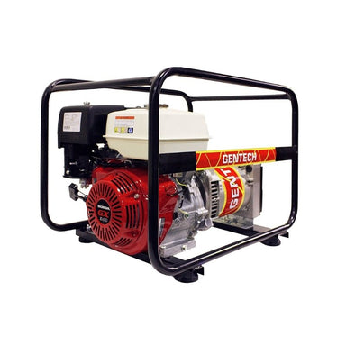 Close-up of Gentech 5.9 kVA Honda generator engine and fuel tank built for worksites and camping use.