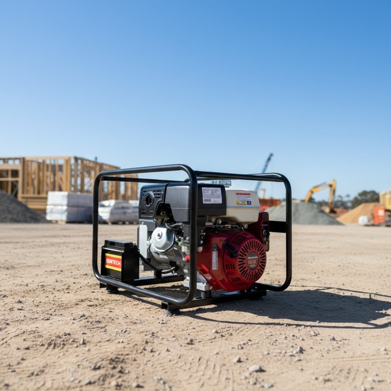 Gentech EP5900HSR Honda powered generator in use on a building site under clear blue sky, ideal for tradies needing portable power.