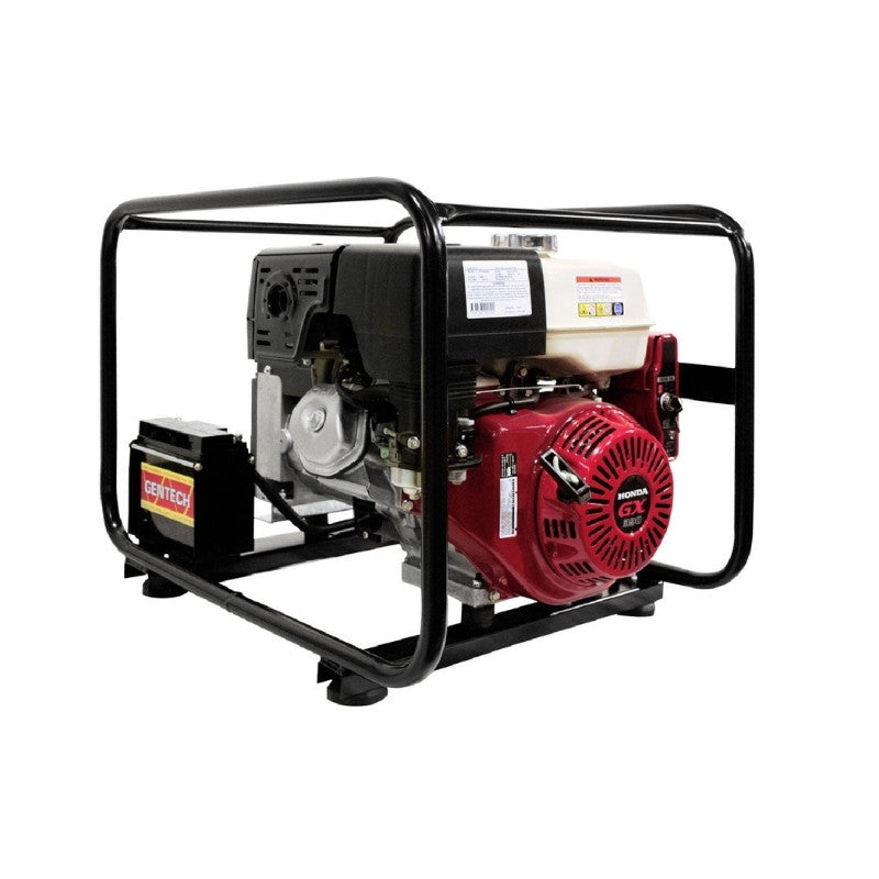 Side profile of Gentech EP5900HSR Honda powered generator with double outlet design and steel frame.