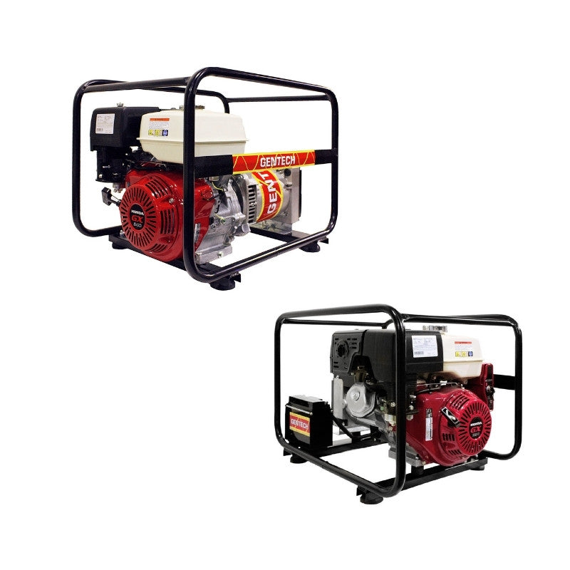 Gentech EP5900HSR Honda generator front view showing compact frame and red GX340 engine.