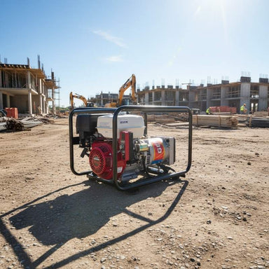Gentech EP5900HSRE Honda generator with electric start running on a commercial construction site, showing durable frame and high-output design.