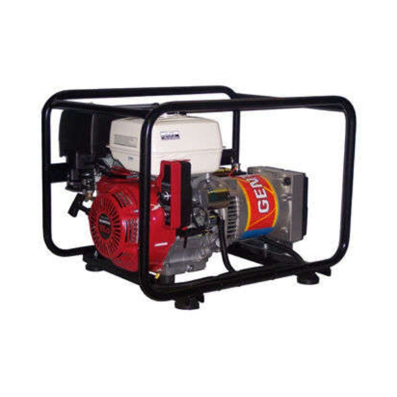 Gentech EP5900HSRE 5.9 kVA Honda powered generator with electric start shown in close-up profile, highlighting engine and alternator assembly.