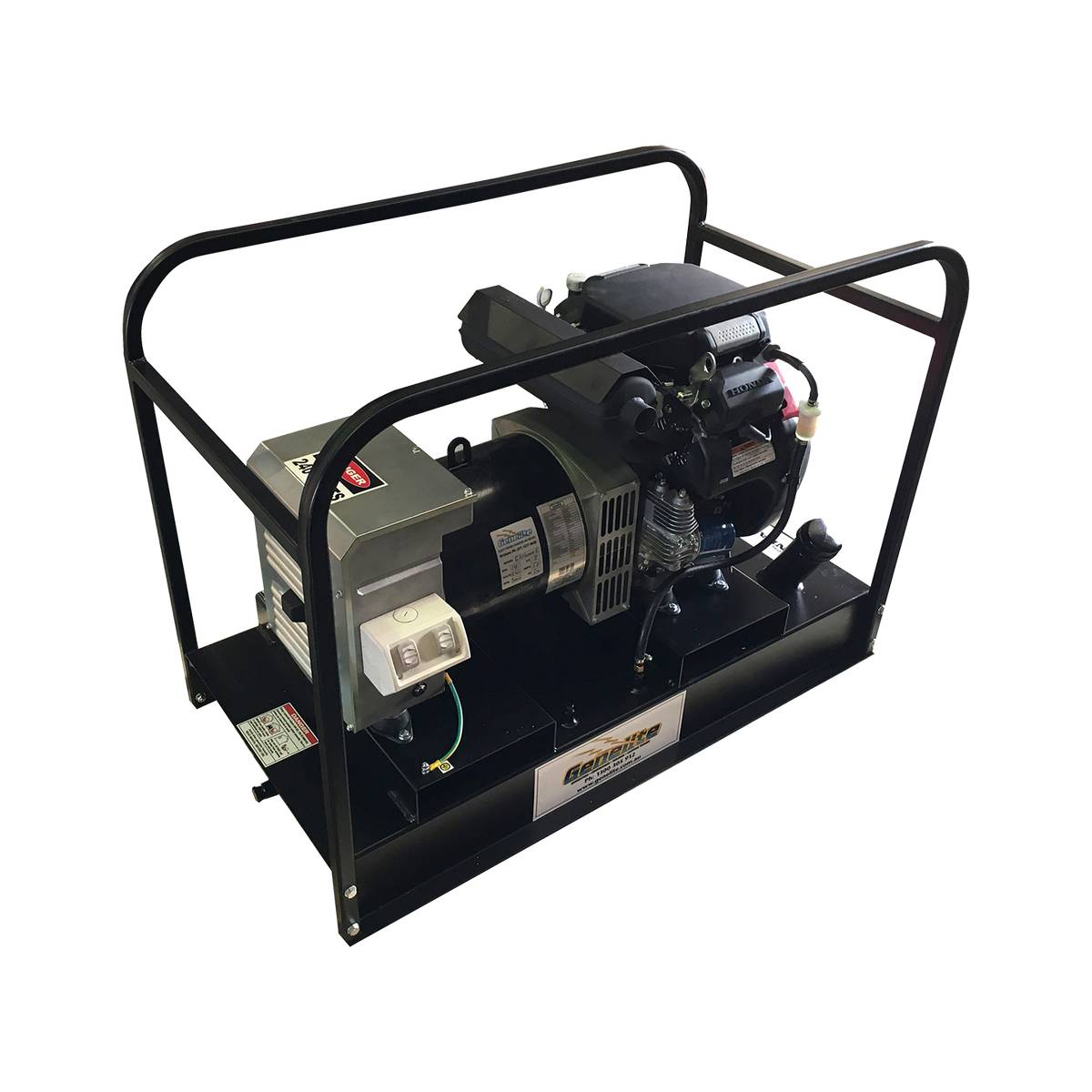 Side view of the Genelite GH10000E-FBT 11kVA generator showing the alternator and control panel