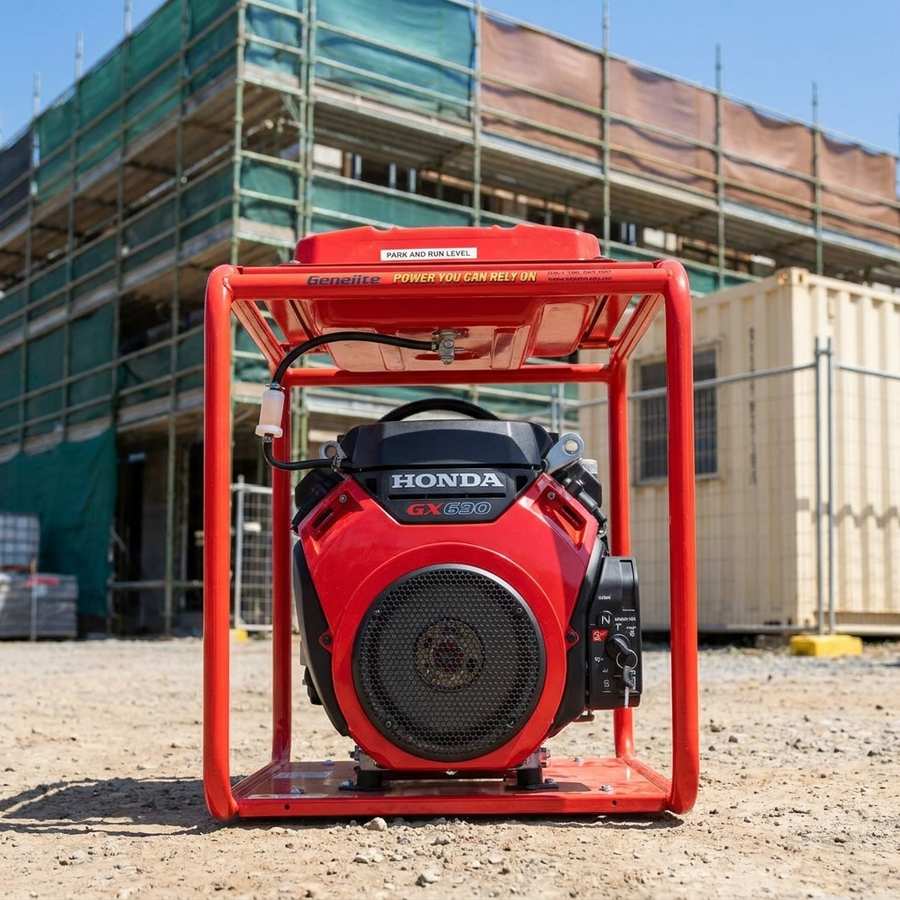 Genelite GH10000E 11kVA generator on an Australian commercial building site with scaffolding