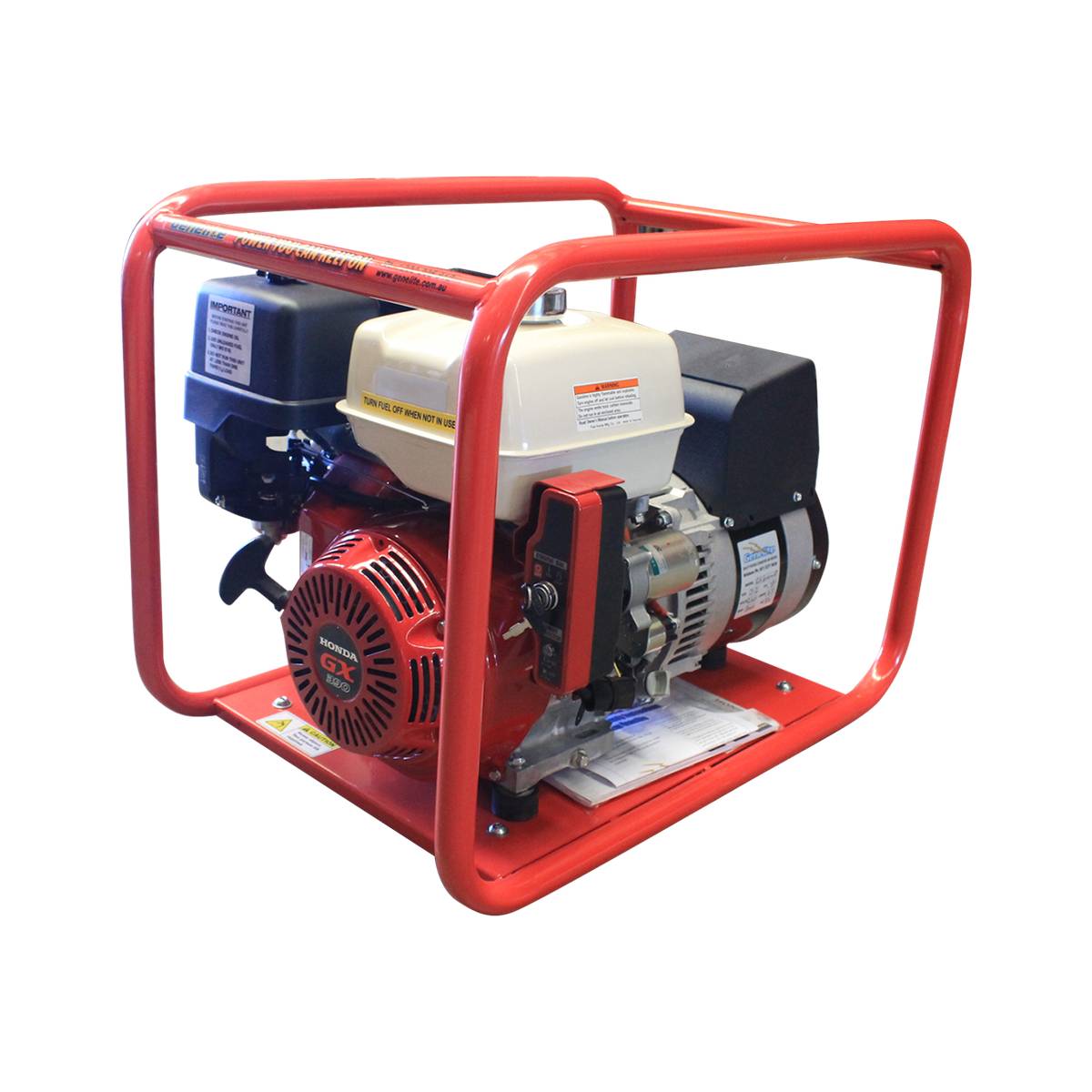Right angle view of the Genelite GH7000E electric start generator showing the alternator and control box