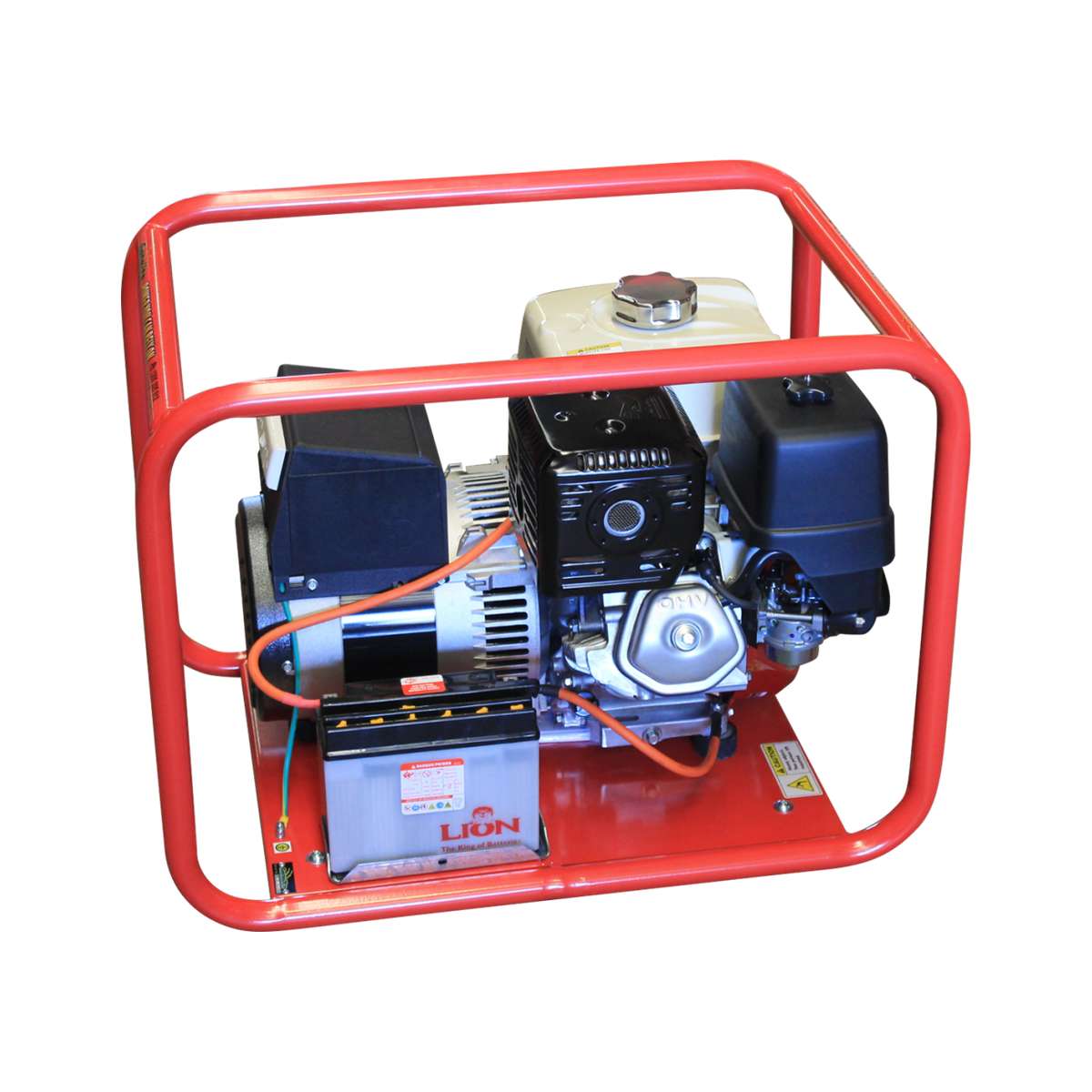Genelite GH7000E electric start generator showing the LION starter battery mounted in the frame