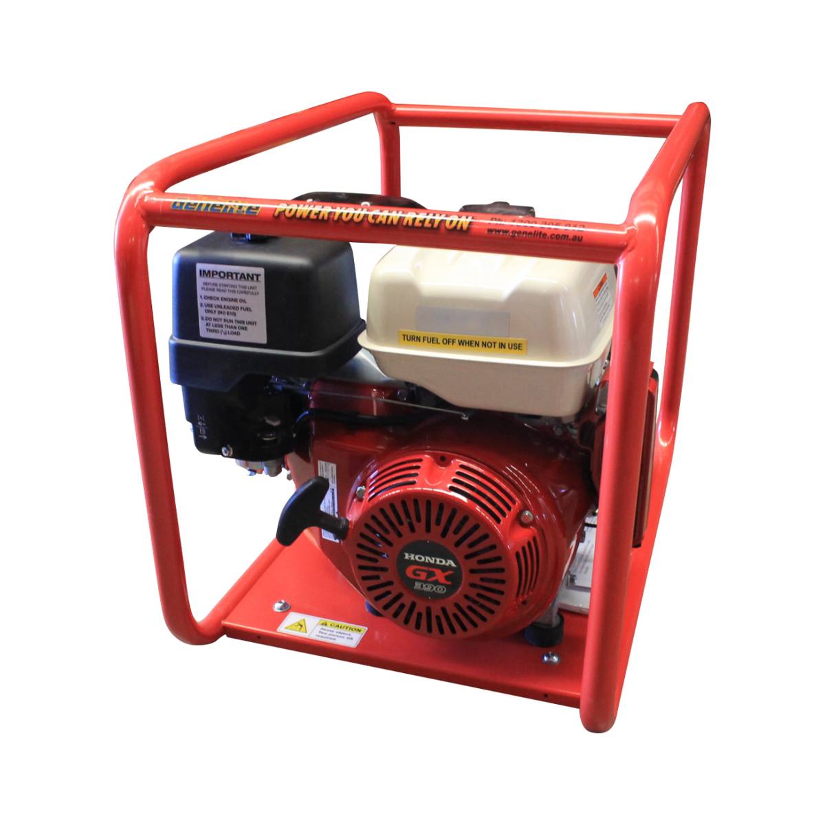 Front view of the Genelite GH7000E electric start generator showing the Honda engine cover