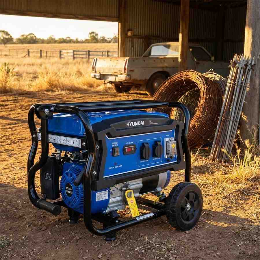 Hyundai HY4100L 4kVA generator on an Australian farm property near a machinery shed at golden hour