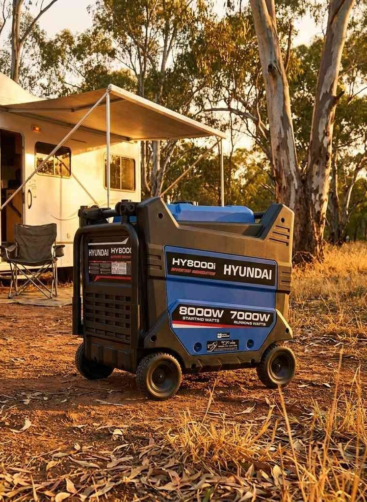 Hyundai HY8000i 10kVA inverter generator centered at an Australian free camp beside a motorhome at golden hour