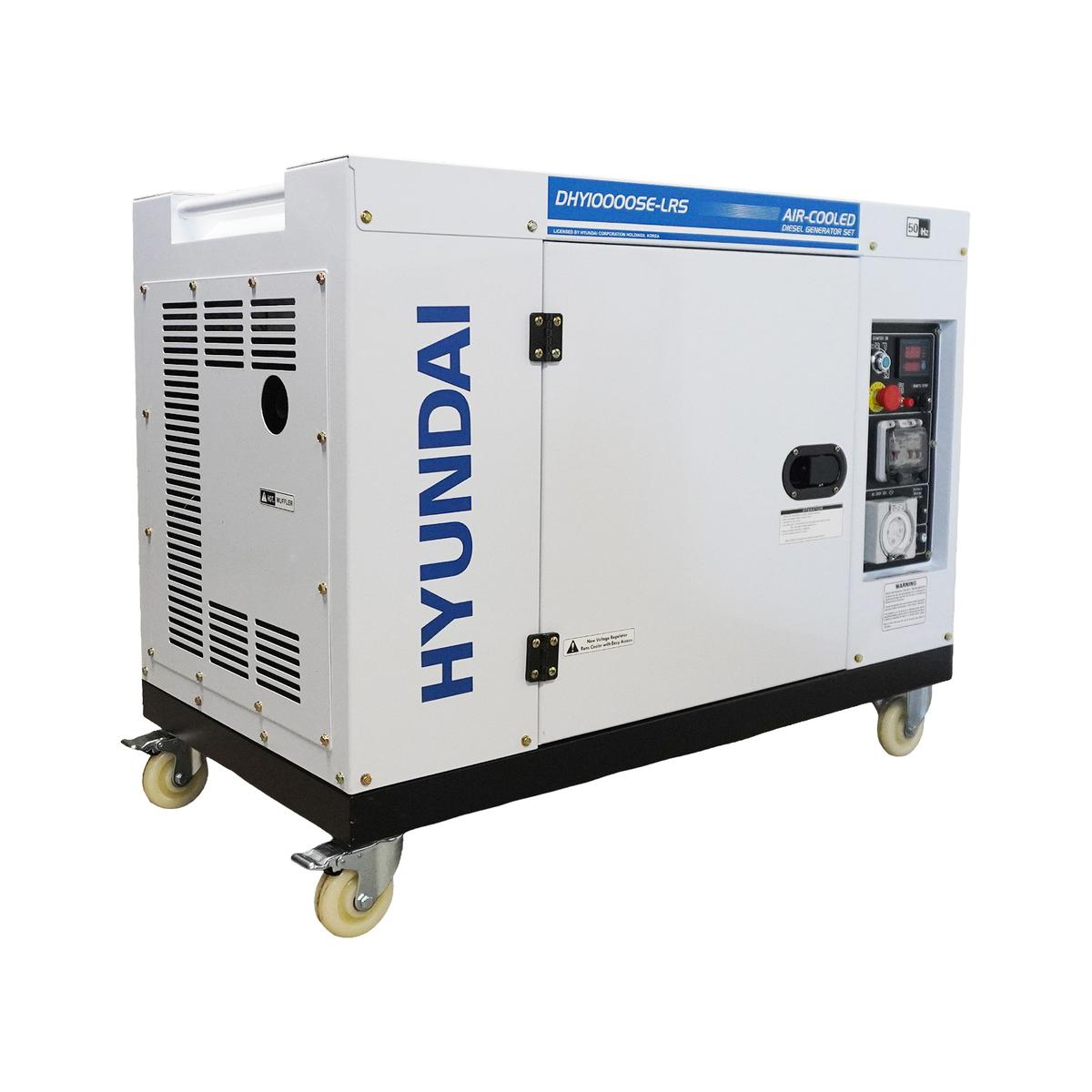Three-quarter left view of the Hyundai DHY10000SE-LRS diesel generator showing the Hyundai branding, wheel kit and side air vents