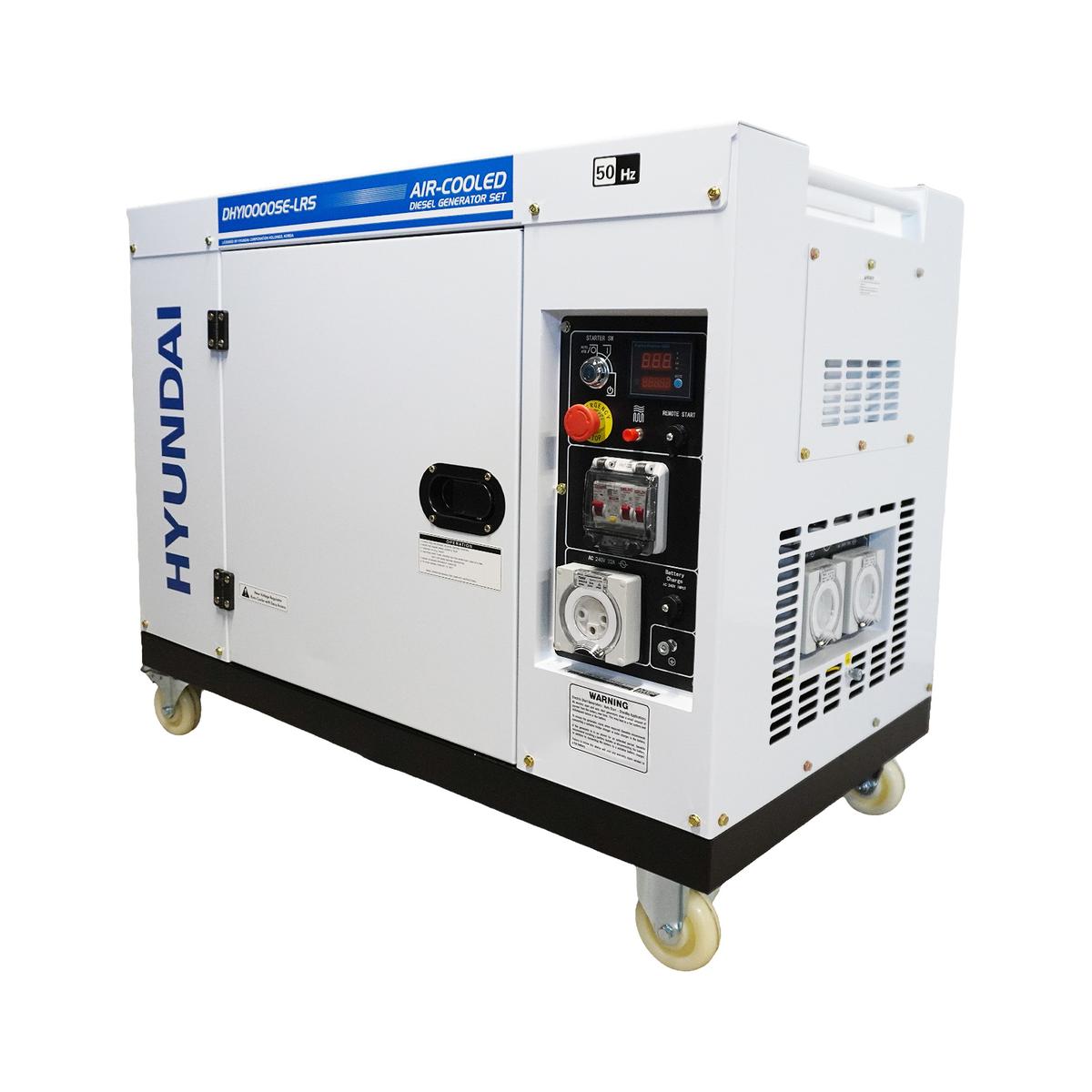 Three-quarter right view of the Hyundai DHY10000SE-LRS diesel generator with the control panel, circuit breakers and 32 amp outlet visible