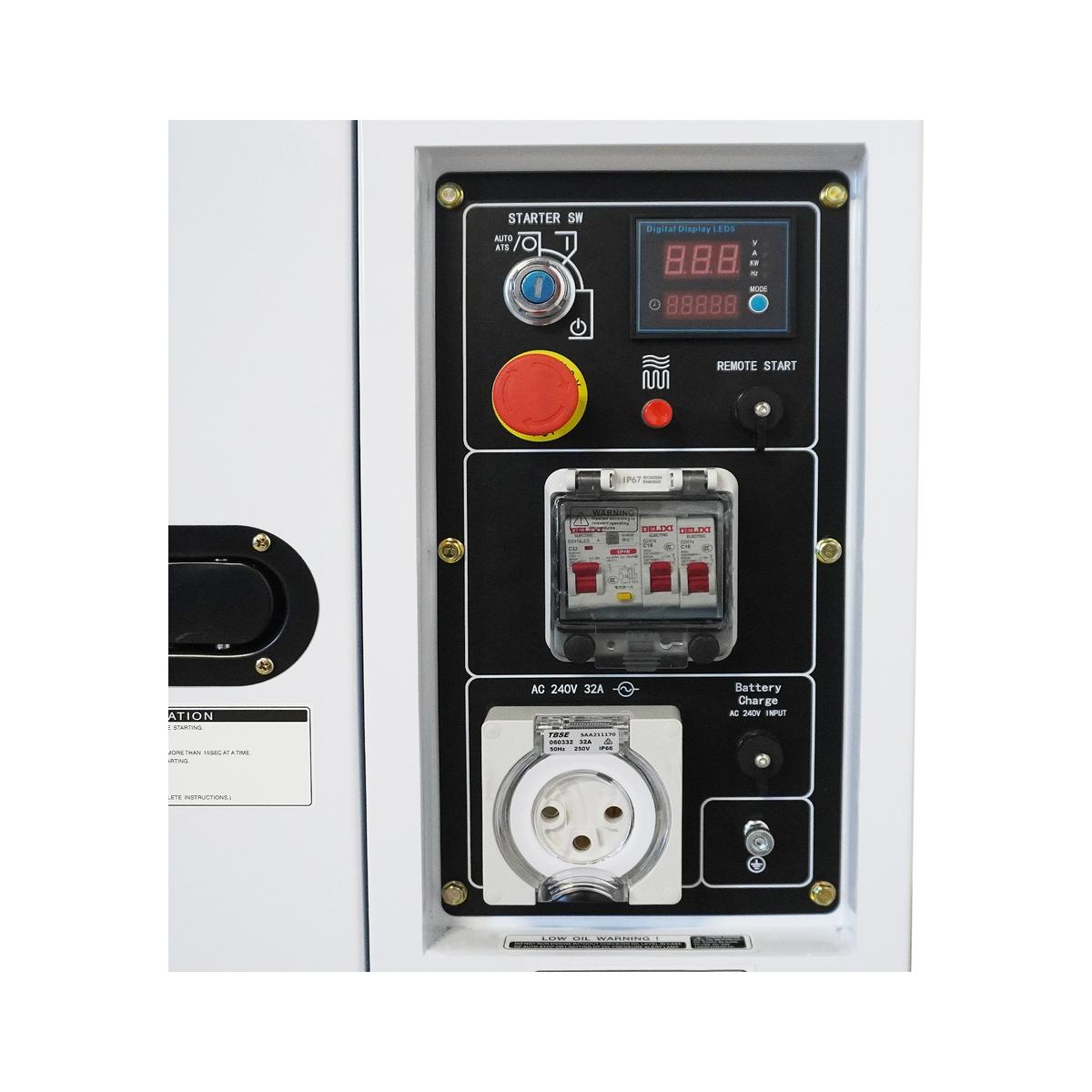 Close-up of the Hyundai DHY10000SE-LRS control panel showing the starter switch, digital display, emergency stop and 32 amp outlet