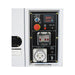 Close-up of the Hyundai DHY10000SE-LRS control panel showing the starter switch, digital display, emergency stop and 32 amp outlet