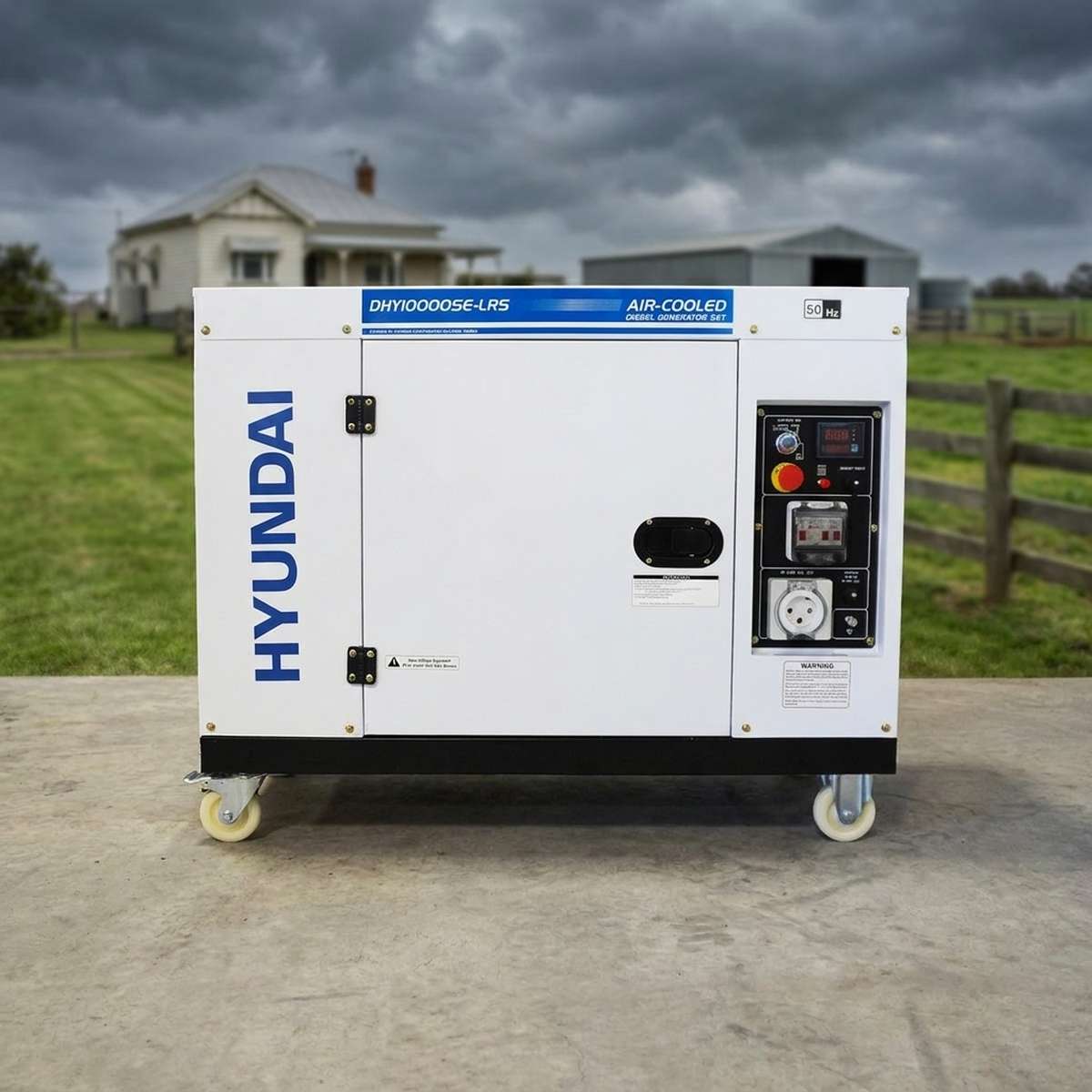 Hyundai DHY10000SE-LRS silenced diesel generator on a rural Australian farm property with a storm approaching