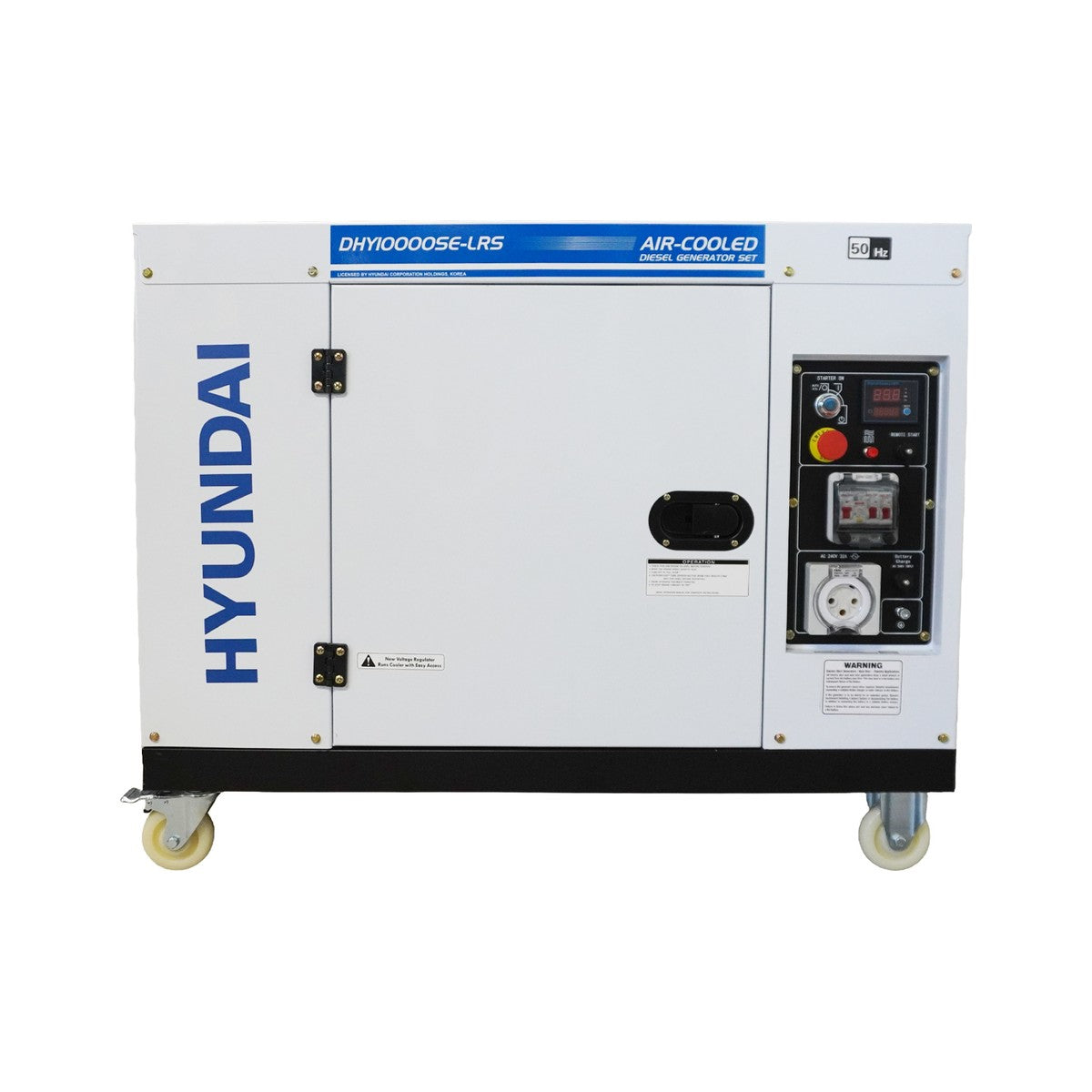 Front view of the Hyundai DHY10000SE-LRS silenced canopy diesel generator showing the control panel and access door