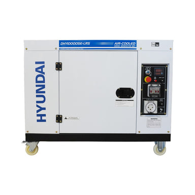 Front view of the Hyundai DHY10000SE-LRS silenced canopy diesel generator showing the control panel and access door