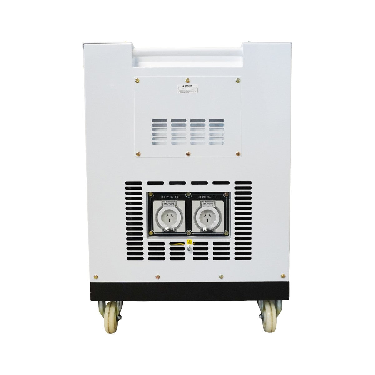 Rear view of the Hyundai DHY10000SE-LRS diesel generator showing the two 15 amp outlets and rear ventilation grille