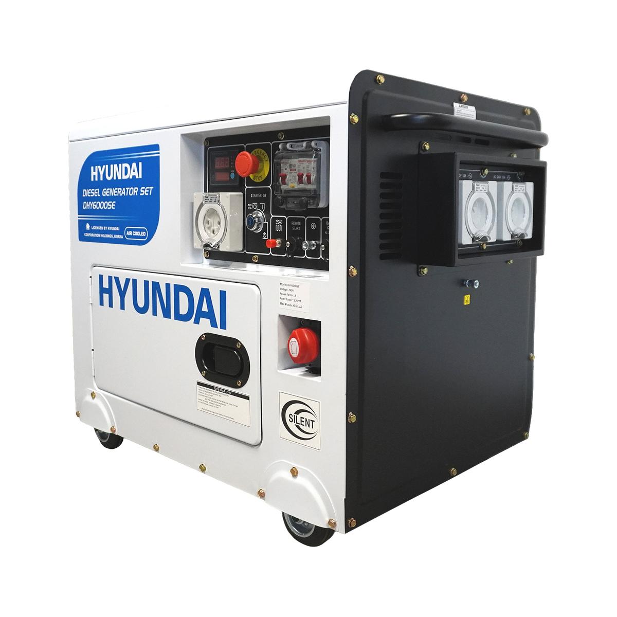 Right angle view of the Hyundai DHY6000SE showing the twin 15 amp outlet panel and control switches