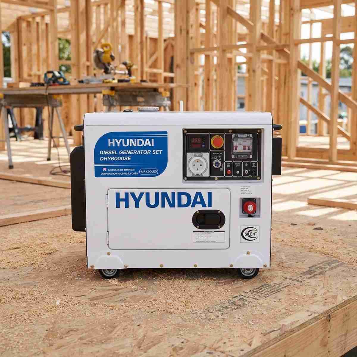 Hyundai DHY6000SE silenced diesel generator on a house-framing job site with a mitre saw bench in the background