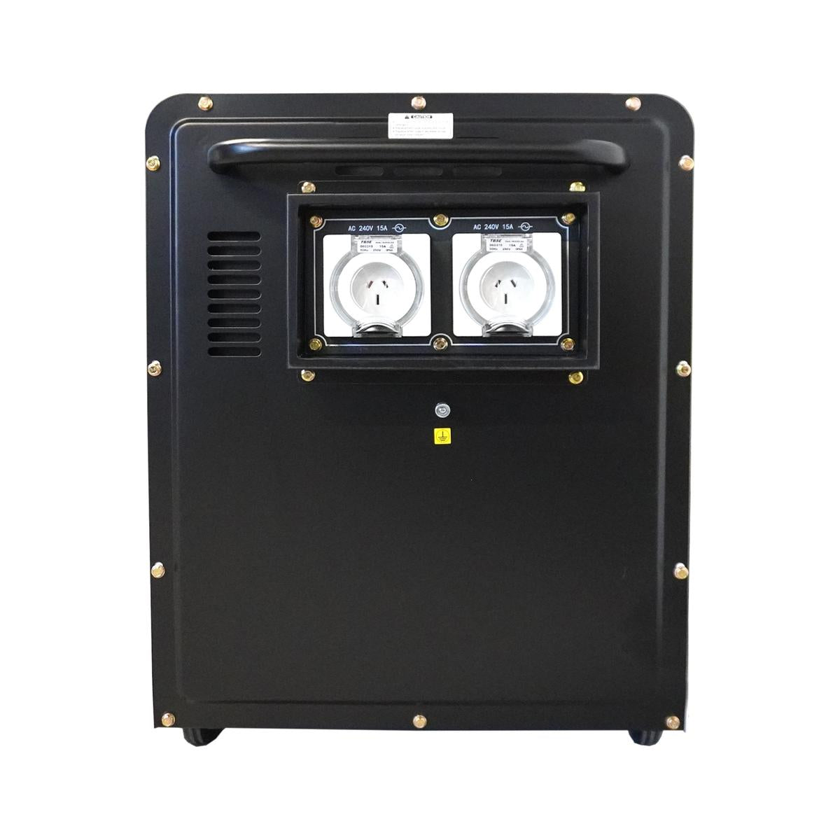Rear view of the Hyundai DHY6000SE showing the twin 15 amp 240V outlet sockets