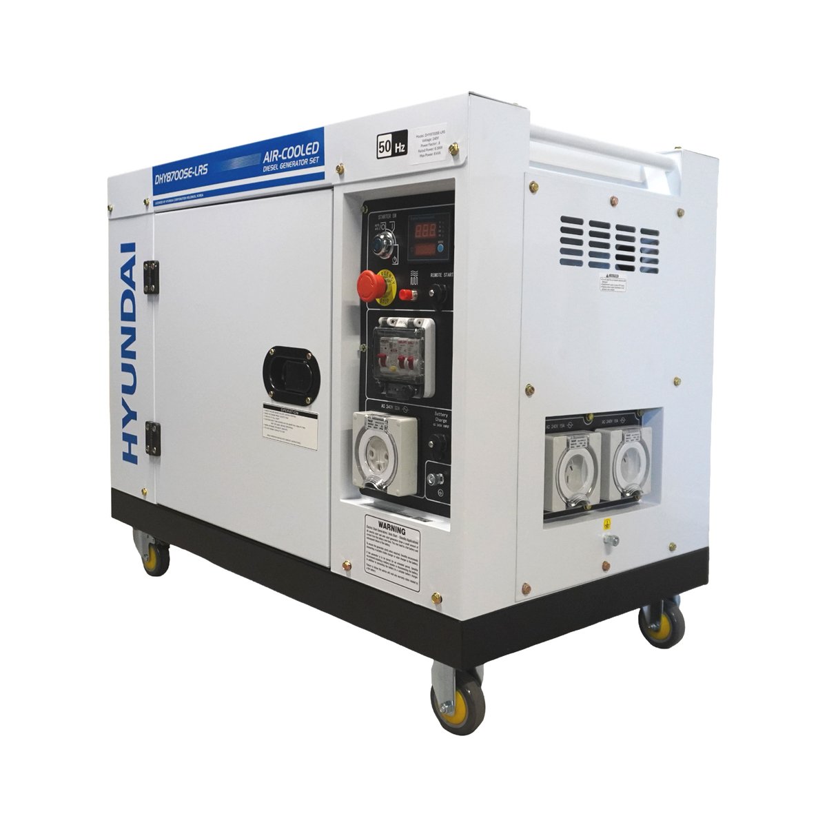 Right angle view of the Hyundai DHY8700SE-LRS showing the control panel, 32 amp outlet and 15 amp outlets