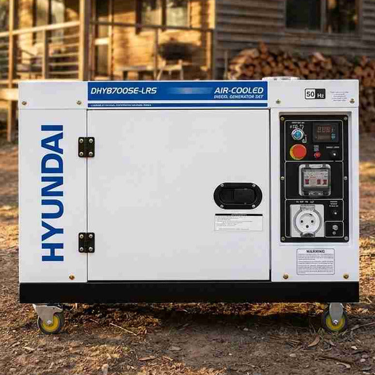 Hyundai DHY8700SE-LRS silenced diesel generator outside an off-grid timber cabin with a water tank and firewood stack