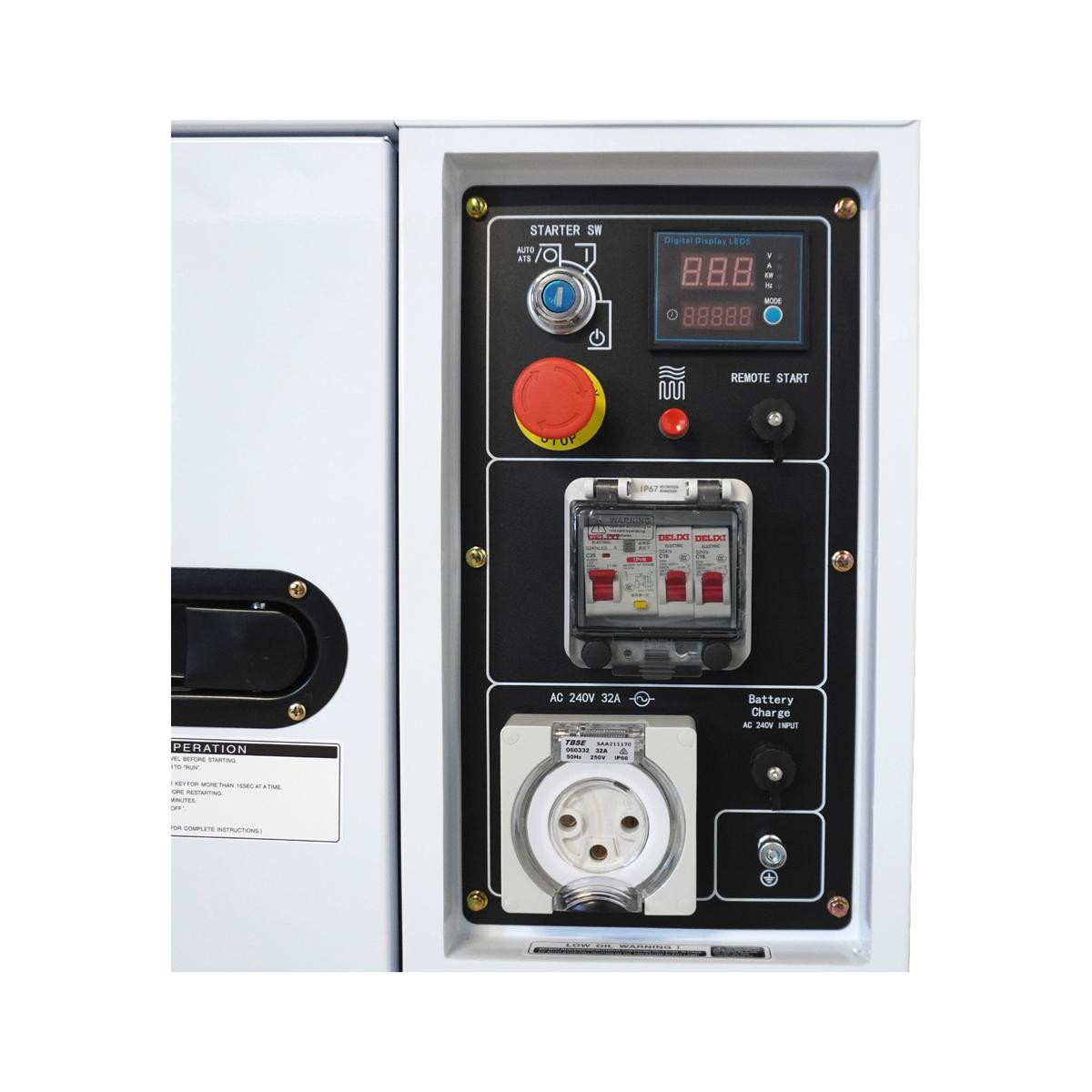 Close-up of the Hyundai DHY8700SE-LRS control panel showing the starter switch, digital display, remote start socket and RCD breakers